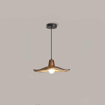 Ruffled Resin Pendant Light with Walnut Wood-Grain Shade