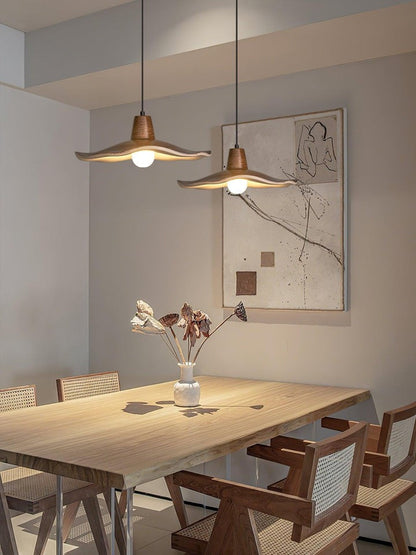 Ruffled Resin Pendant Light with Walnut Wood-Grain Shade