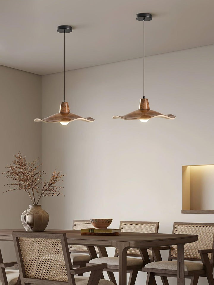 Ruffled Resin Pendant Light with Walnut Wood-Grain Shade