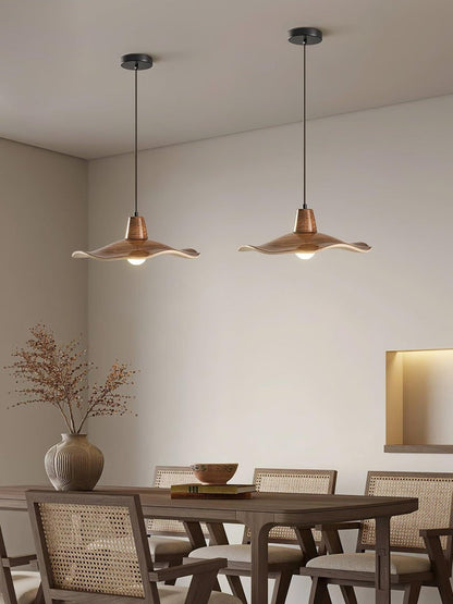 Ruffled Resin Pendant Light with Walnut Wood-Grain Shade