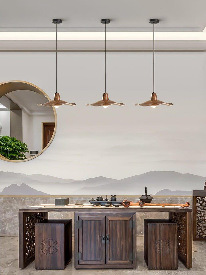 Ruffled Resin Pendant Light with Walnut Wood-Grain Shade
