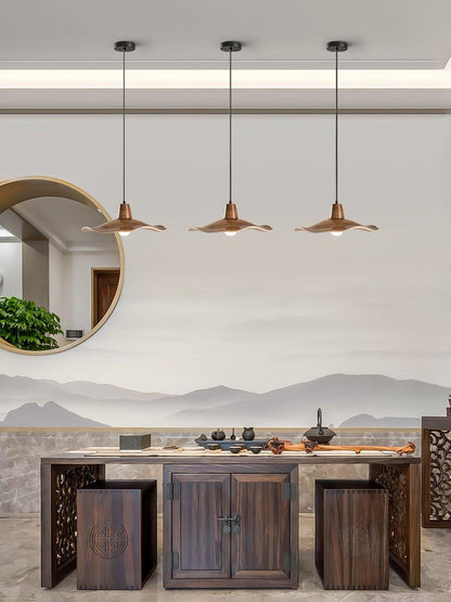 Ruffled Resin Pendant Light with Walnut Wood-Grain Shade