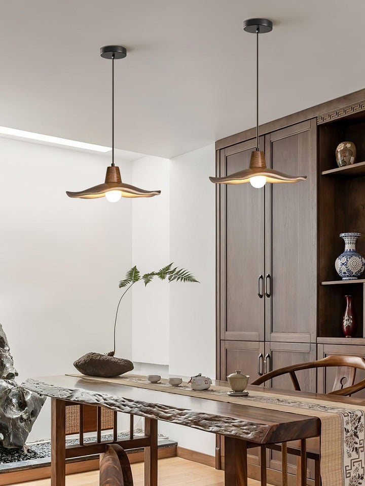 Ruffled Resin Pendant Light with Walnut Wood-Grain Shade