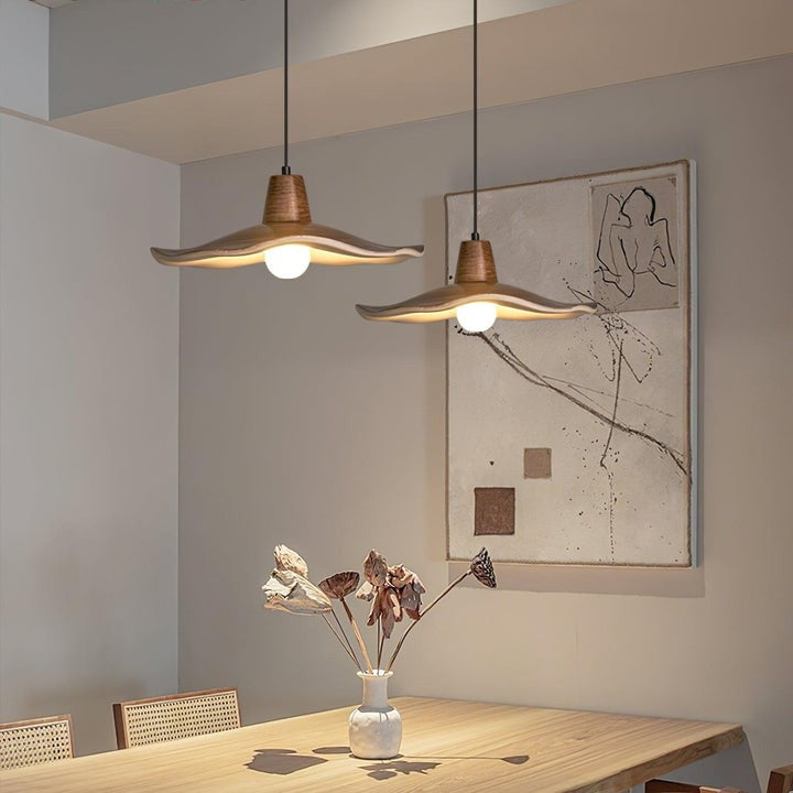 Ruffled Resin Pendant Light with Walnut Wood-Grain Shade