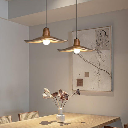 Ruffled Resin Pendant Light with Walnut Wood-Grain Shade