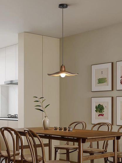 Ruffled Resin Pendant Light with Walnut Wood-Grain Shade