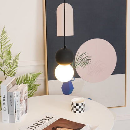 Spherical Volcanic Rock Pendant Light with Opal Glass Diffuser