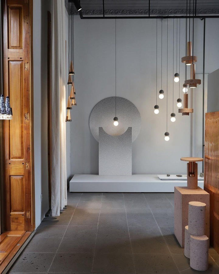 Spherical Volcanic Rock Pendant Light with Opal Glass Diffuser
