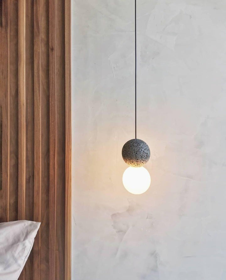 Spherical Volcanic Rock Pendant Light with Opal Glass Diffuser