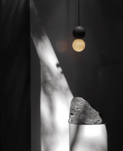 Spherical Volcanic Rock Pendant Light with Opal Glass Diffuser