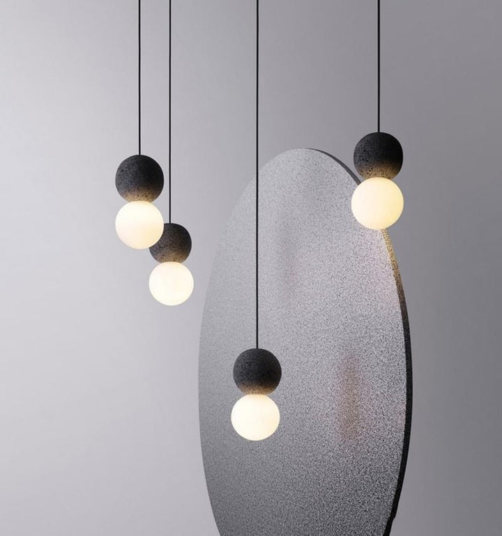 Spherical Volcanic Rock Pendant Light with Opal Glass Diffuser