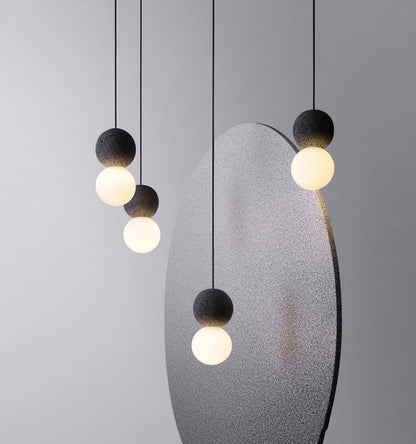 Spherical Volcanic Rock Pendant Light with Opal Glass Diffuser