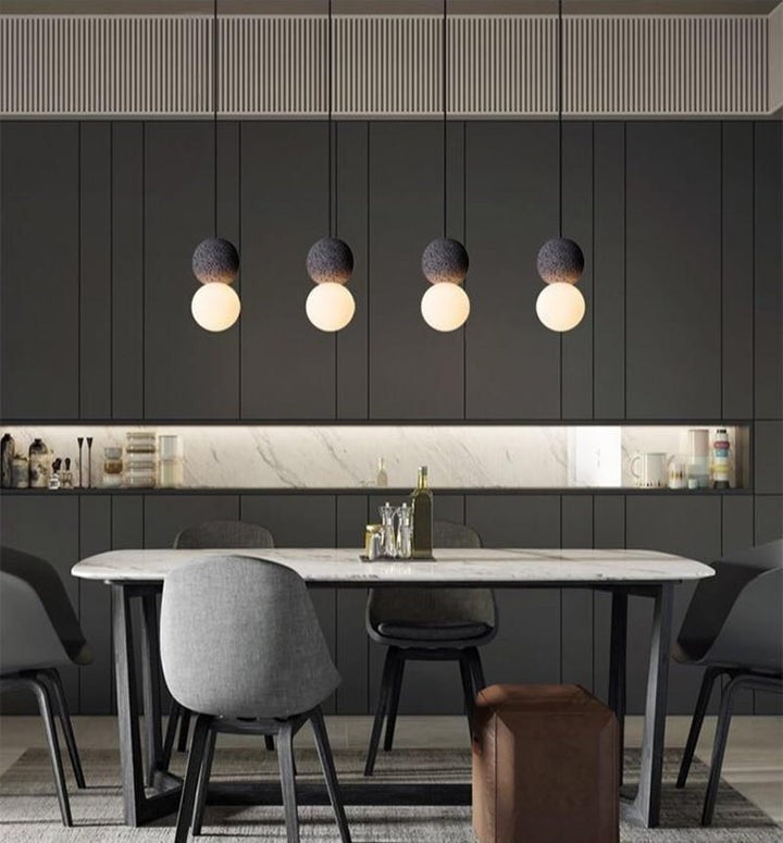 Spherical Volcanic Rock Pendant Light with Opal Glass Diffuser