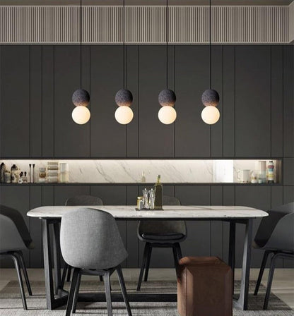 Spherical Volcanic Rock Pendant Light with Opal Glass Diffuser
