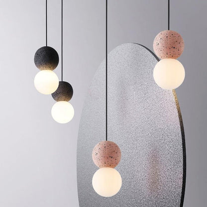 Spherical Volcanic Rock Pendant Light with Opal Glass Diffuser