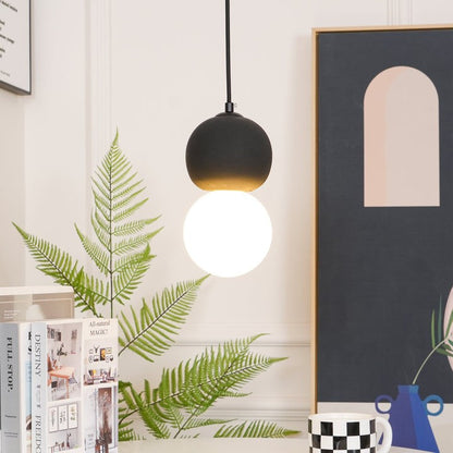Spherical Volcanic Rock Pendant Light with Opal Glass Diffuser