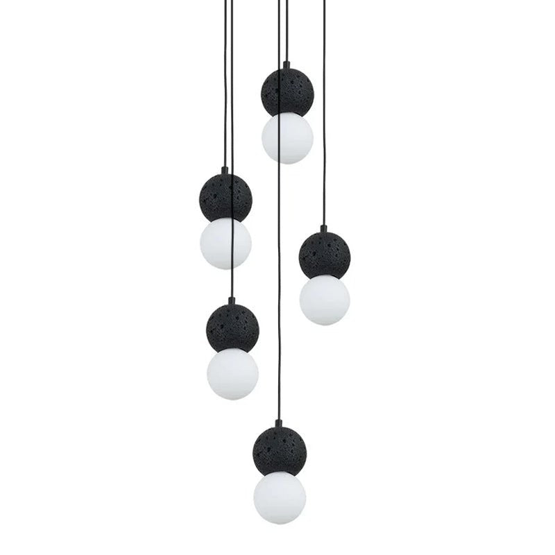 Spherical Volcanic Rock Pendant Light with Opal Glass Diffuser