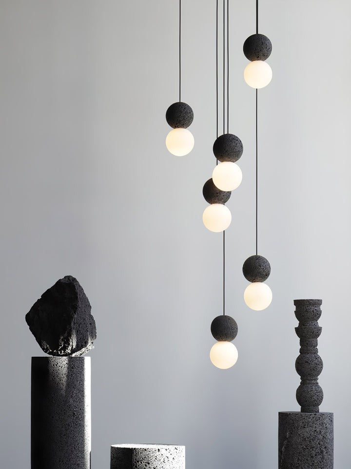 Spherical Volcanic Rock Pendant Light with Opal Glass Diffuser