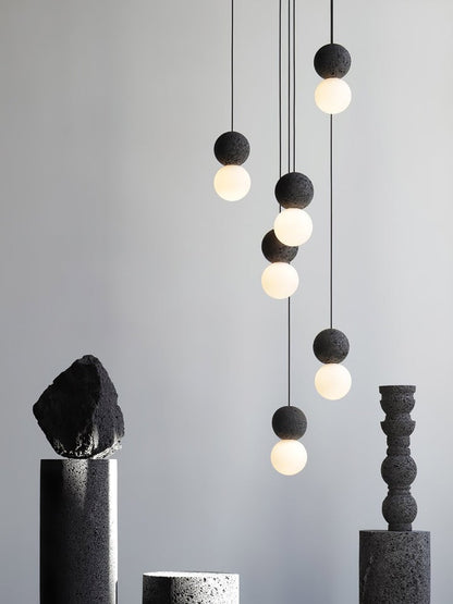 Spherical Volcanic Rock Pendant Light with Opal Glass Diffuser