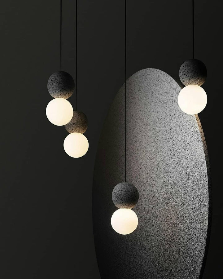Spherical Volcanic Rock Pendant Light with Opal Glass Diffuser
