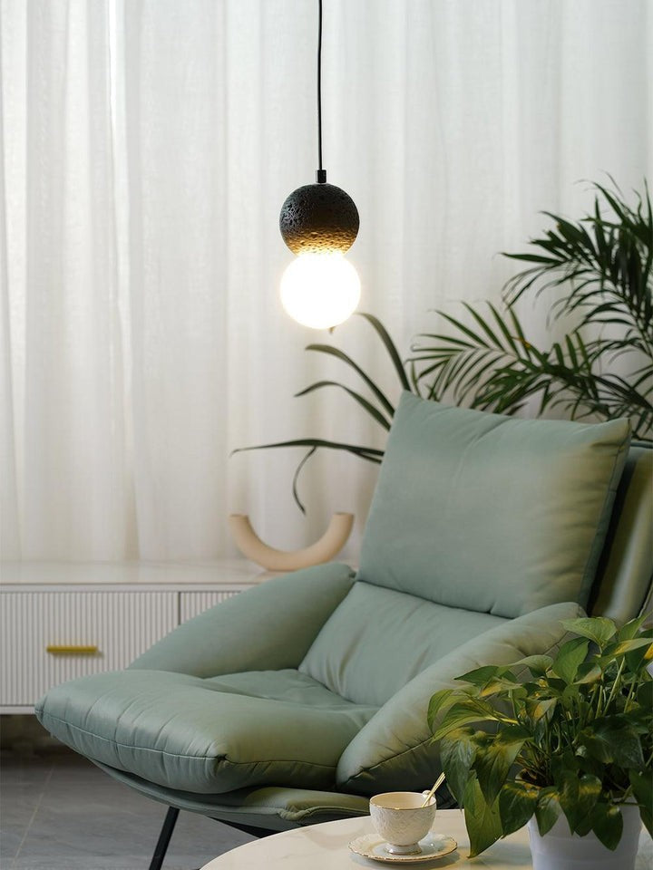 Spherical Volcanic Rock Pendant Light with Opal Glass Diffuser