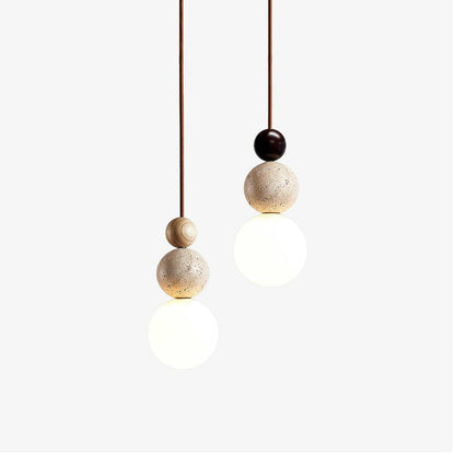 Stacked Globe Duo Pendant Light in Yellow Travertine & Wood