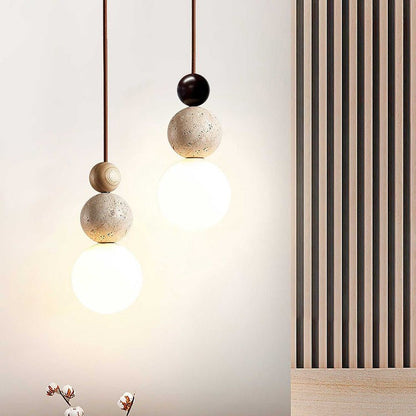 Stacked Globe Duo Pendant Light in Yellow Travertine & Wood