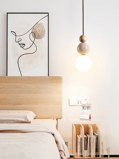 Stacked Globe Duo Pendant Light in Yellow Travertine & Wood