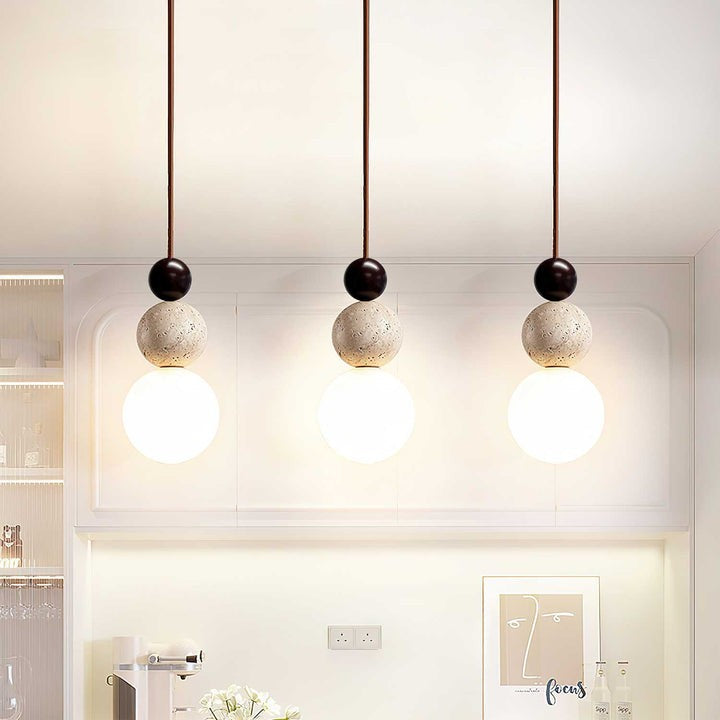 Stacked Globe Duo Pendant Light in Yellow Travertine & Wood