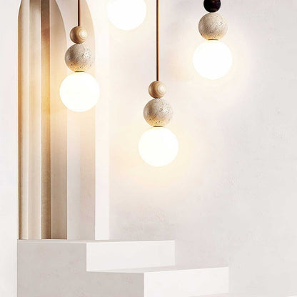 Stacked Globe Duo Pendant Light in Yellow Travertine & Wood