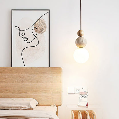 Stacked Globe Duo Pendant Light in Yellow Travertine & Wood
