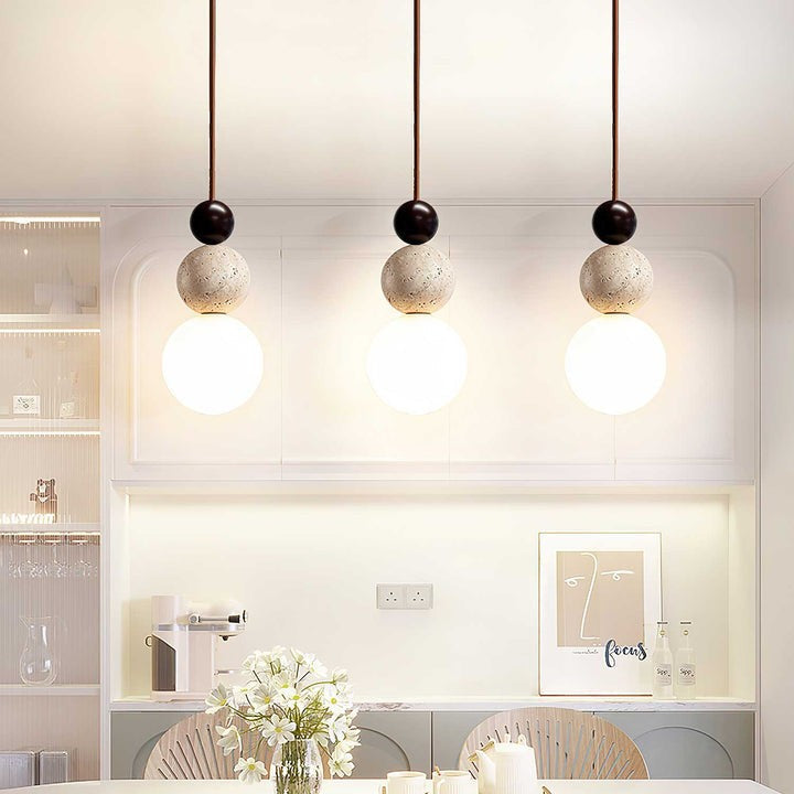 Stacked Globe Duo Pendant Light in Yellow Travertine & Wood