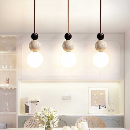 Stacked Globe Duo Pendant Light in Yellow Travertine & Wood