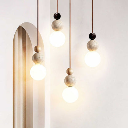 Stacked Globe Duo Pendant Light in Yellow Travertine & Wood
