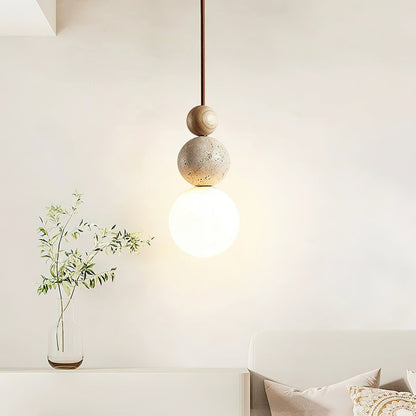 Stacked Globe Duo Pendant Light in Yellow Travertine & Wood