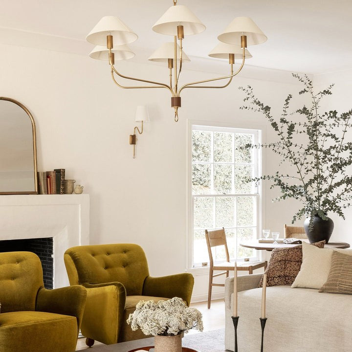 Staggered Tail 6-Light Brass & Fabric Chandelier