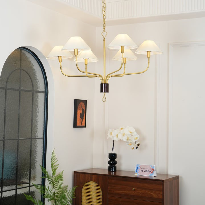 Staggered Tail 6-Light Brass & Fabric Chandelier