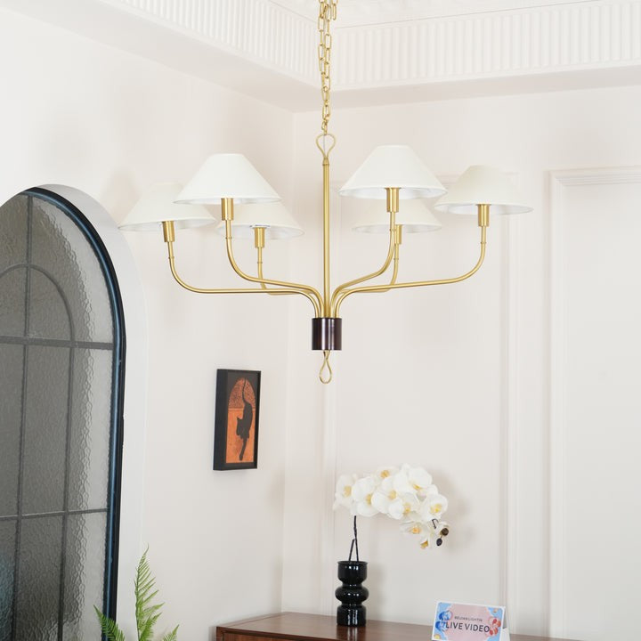 Staggered Tail 6-Light Brass & Fabric Chandelier