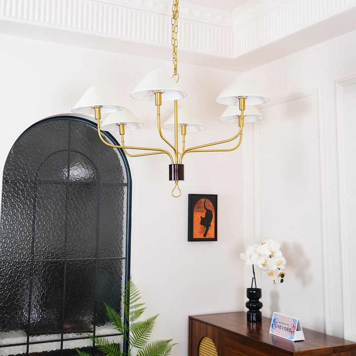 Staggered Tail 6-Light Brass & Fabric Chandelier