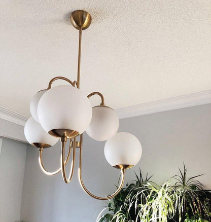 Swan-Neck Metal & Glass Globe Chandelier