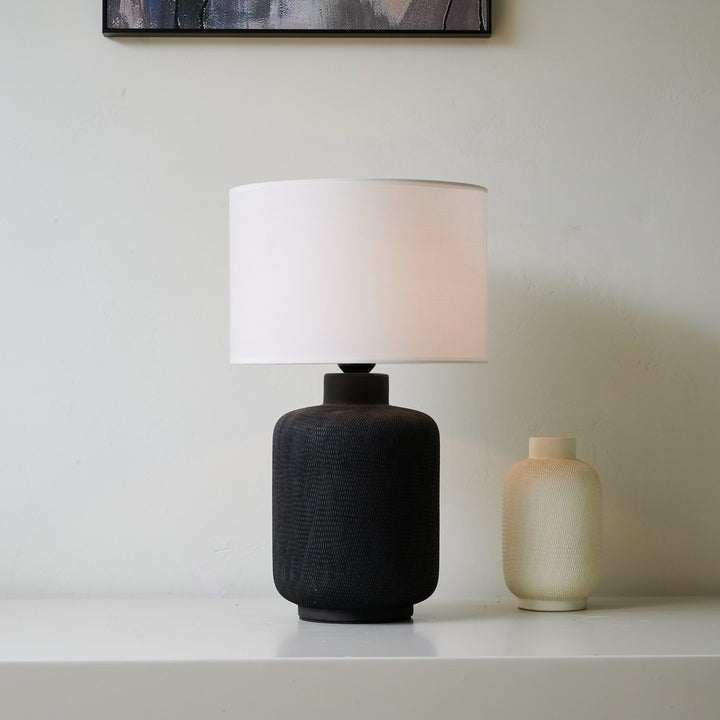 Textured Matte Black Ceramic Table Lamp with White Drum Shade