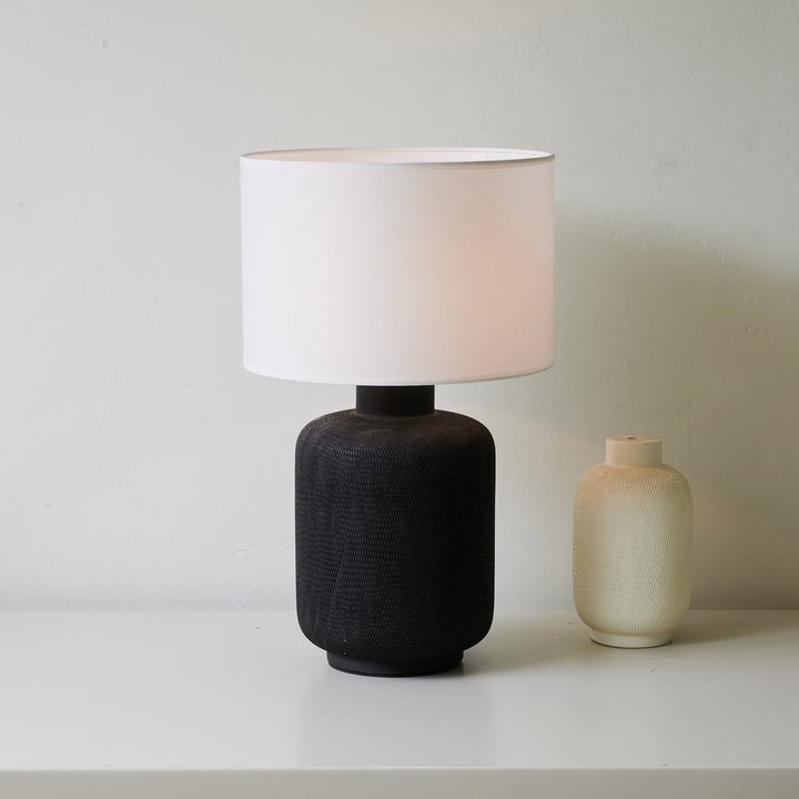 Textured Matte Black Ceramic Table Lamp with White Drum Shade