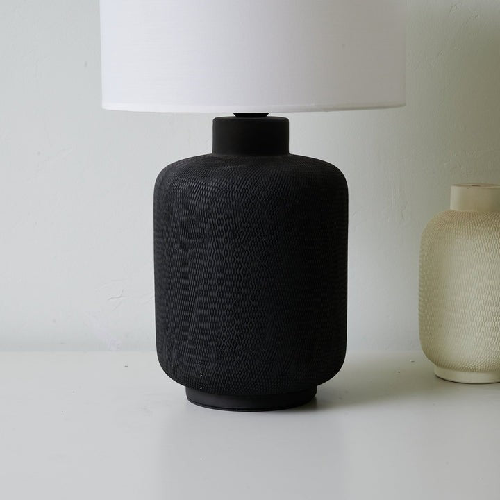 Textured Matte Black Ceramic Table Lamp with White Drum Shade