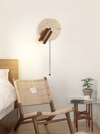 Travertine &amp; Wood Wall Sconce with Vintage Pull Chain