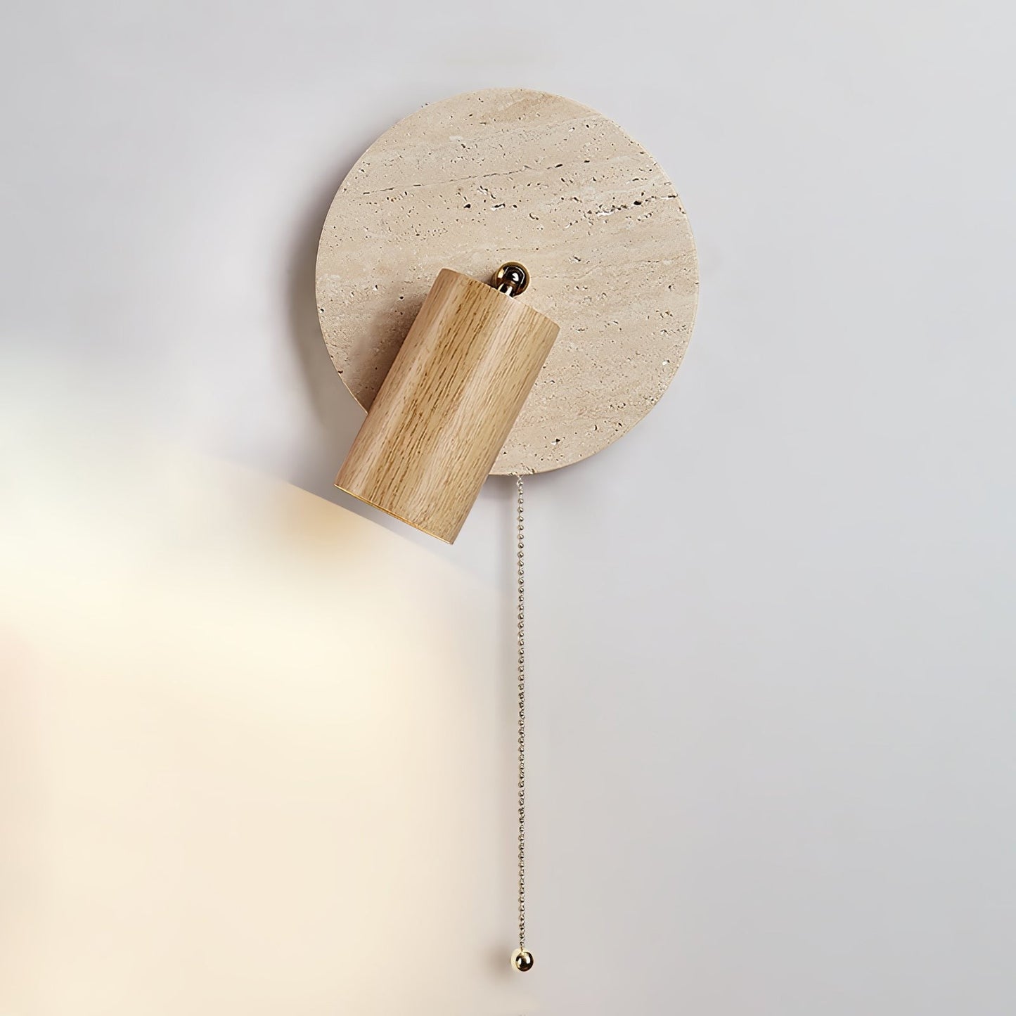 Travertine &amp; Wood Wall Sconce with Vintage Pull Chain