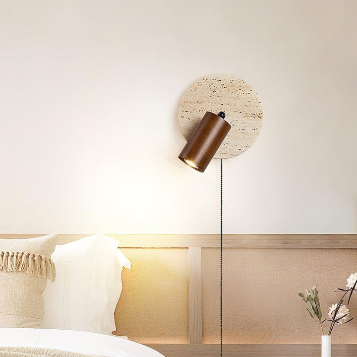 Travertine &amp; Wood Wall Sconce with Vintage Pull Chain