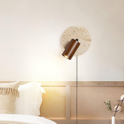 Travertine &amp; Wood Wall Sconce with Vintage Pull Chain