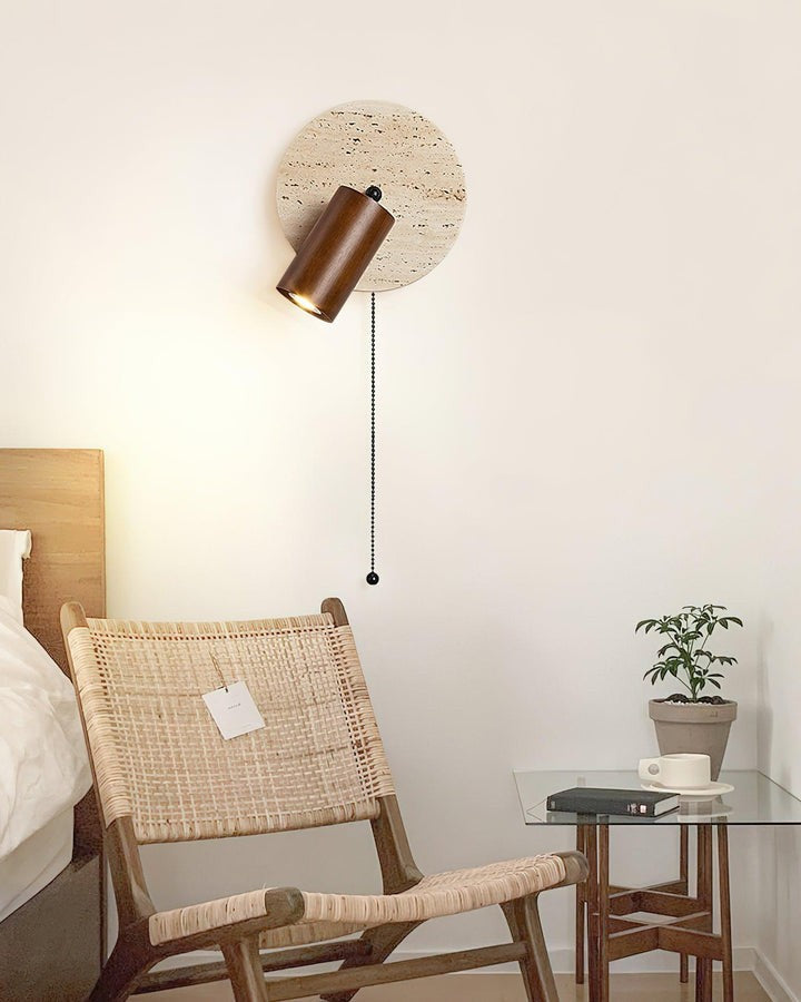 Travertine &amp; Wood Wall Sconce with Vintage Pull Chain
