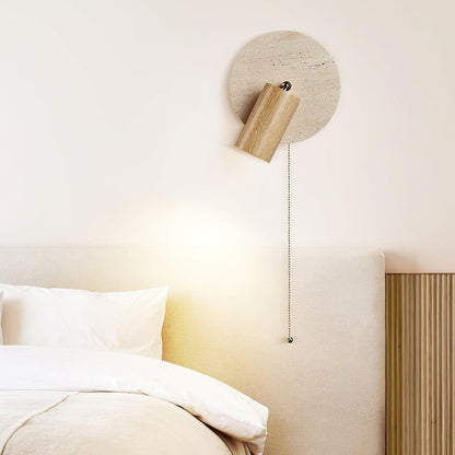 Travertine &amp; Wood Wall Sconce with Vintage Pull Chain