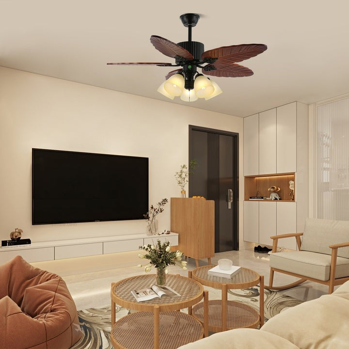 Tropical Banana Leaf Wood Ceiling Fan with LED Light